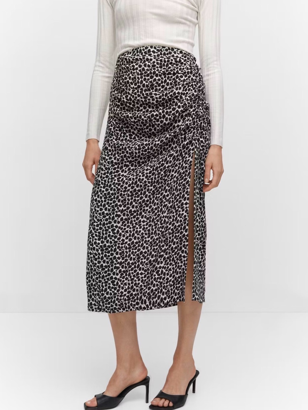 Mango Black and White Animal Print Midi Skirt with Side Slit